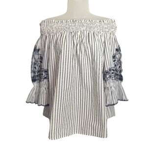Chico's Poplin Navy and White Striped Off-Shoulder Tunic with pretty embroidery